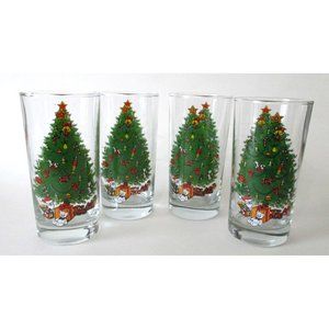 4 Vintage Anchor Hocking Holiday Magic Glasses Tumblers 12 Ounces Christmas Glas